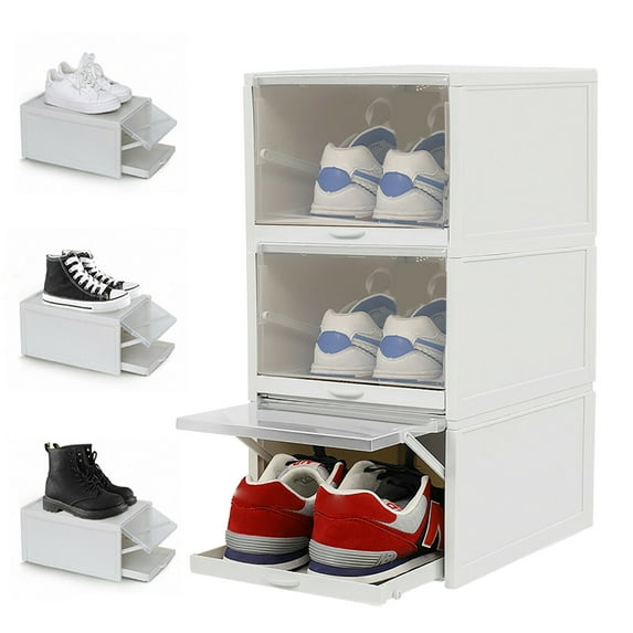 Miumaeov 3Pcs Stackable Shoe Box Push Pull Drawer Shoes Storage Case Organizer Container Clear Cover Gray