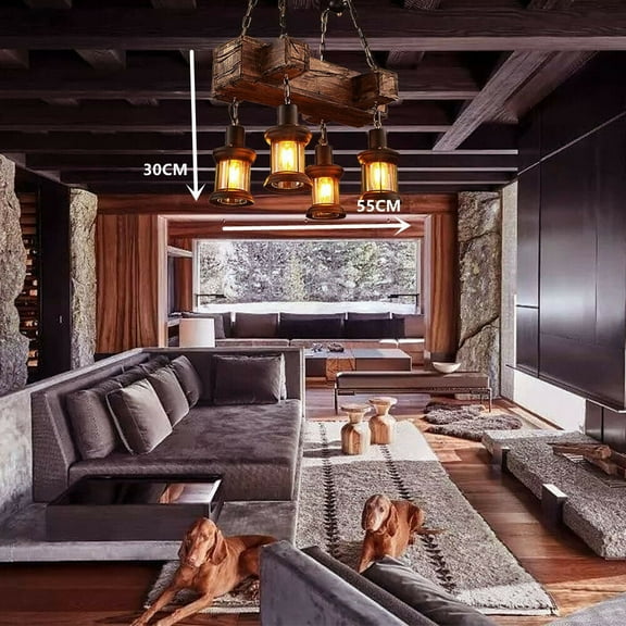 Miumaeov 4 Lights Industrial Retro Wooden Chandelier Pendant Light Vintage Farmhouse Hanging Ceiling Lamp Fixture for Living Dining Room Bedroom Kitchen Restaurant