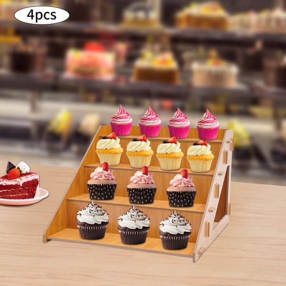 Miumaeov 4 Pcs 4-Tier Retail Wooden Display Riser - Rustic Wood Countertop Stand for Cupcakes, Candles, Soaps, Craft Fair Display Rack with Triangluar Base
