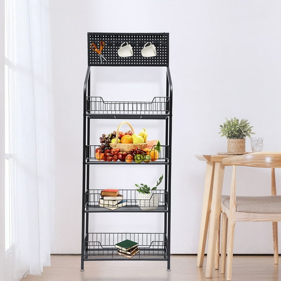 Miumaeov 4-Tier Heavy Duty Steel Storage Shelf Practical Workstation Oven Bread Rack with 5 Hooks and Wheels Kitchen Living Room Rack Black