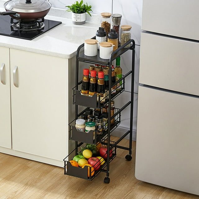 Miumaeov 4-Tier Kitchen Shelf Rolling Trolley with Wheels Slim Utility ...