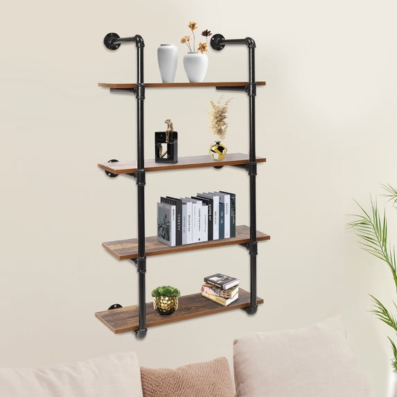 Miumaeov 4 Tier Wall-Mounted Wine Racks Industrial Pipe Steampunk Real Wood Wine Rack for Kitchen, Dinning Room Home Bar 24"