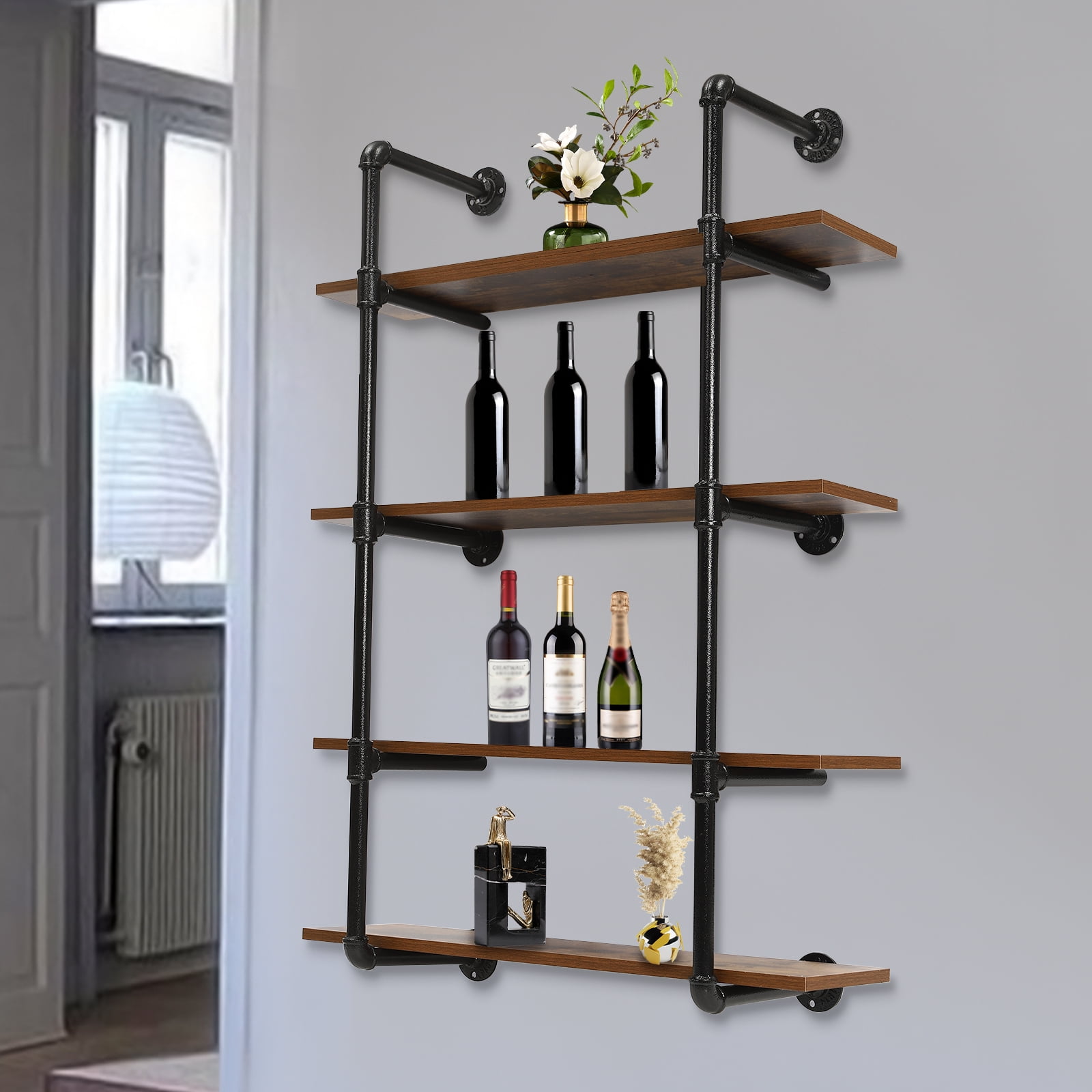 Miumaeov 4 Tier Wall Mounted Wine Racks Industrial Pipe Steampunk Real Wood Wine Rack for Kitchen Dinning Room Home Bar 30