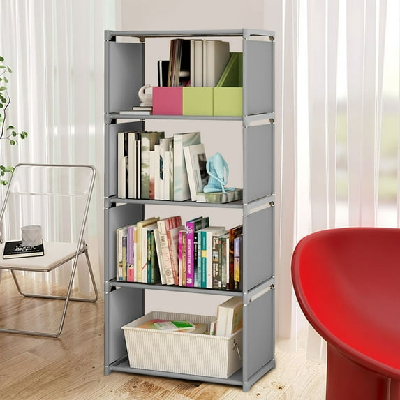 Miumaeov 4 Tiers Grey Bookcase Bookshelf Free Standing Book Toys Storage Rack Organizer Display Shelf Waterproof Metal&Woven Fabric Shelf for Study Room Bedroom Living Room 16 * 10 * 49in