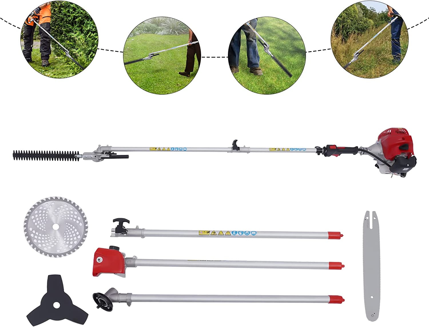Miumaeov 4-in-1 Petrol Hedge 51.7cc Trimmer Grass Pruner Chainsaw Brush Cutter 2-Stroke