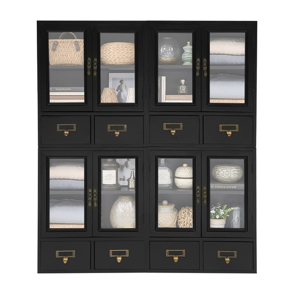 Miumaeov 4-piece Storage Cabinets with 2 Clear Doors & 2 Drawers, Small Wooden Countertop Cabinet Organizer Cupboard for Kitchen, Bathroom, Office