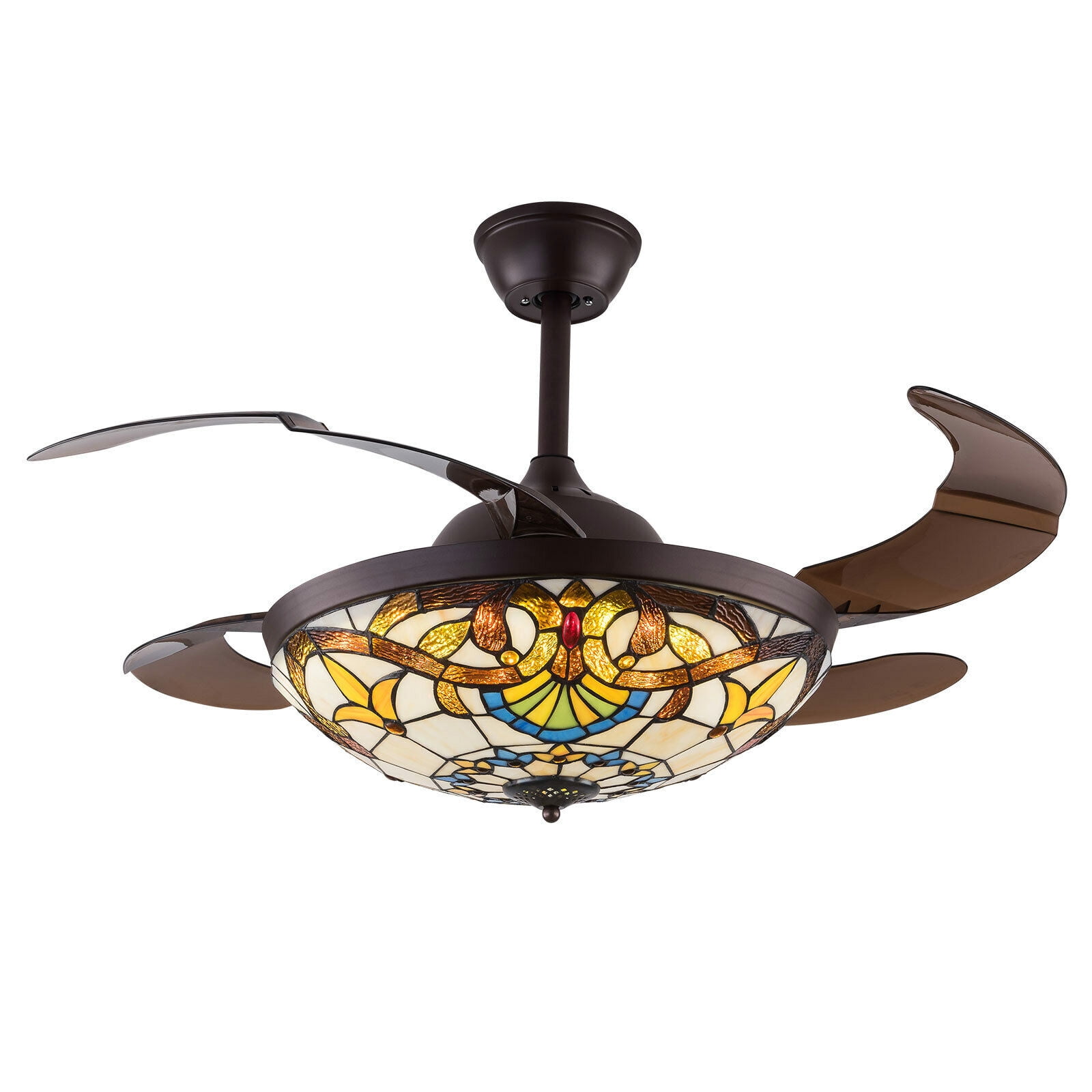 Tiffany Style 42" Retractable Ceiling Fan with Lights and Remote