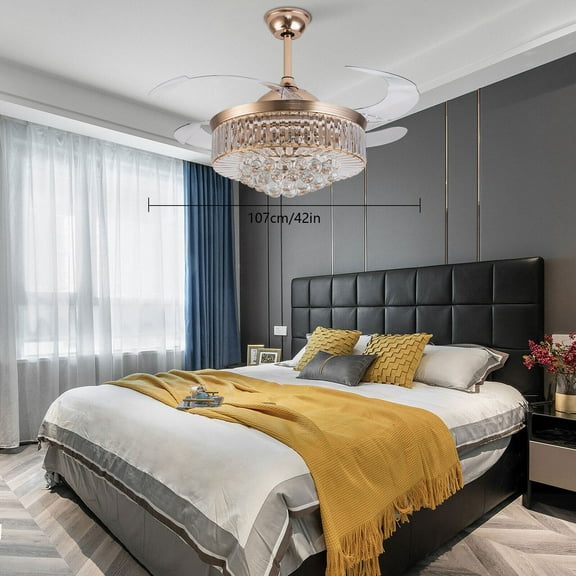 Miumaeov 42" Invisible Crystal Ceiling Fan Light 4 Retractable Blade Dimmable LED Chandelier Fan with Remote