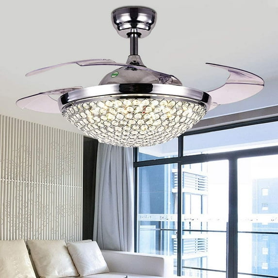 Miumaeov 42 inch Fan Ceiling Light and Remote Control Kit, Invisible Ceiling Fan with Light Crystal Chandeliers Fan LED Three-Color Lights Retractable Blades, Silver