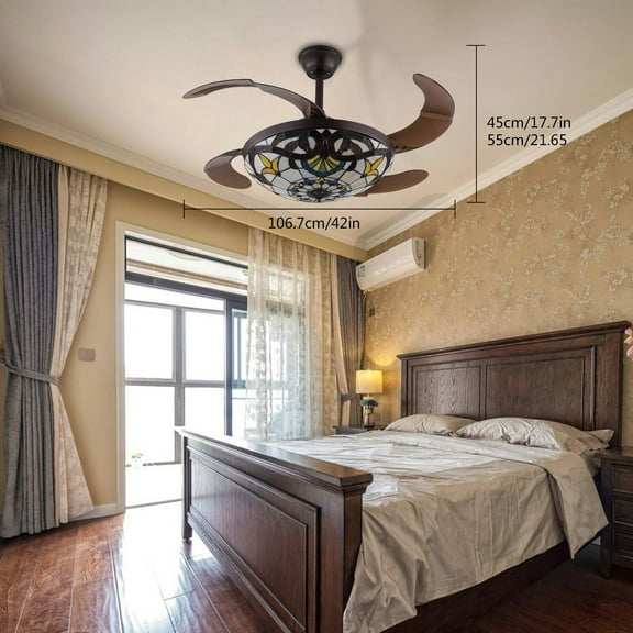 Miumaeov 42In Tiffany Invisible Ceiling Fan Light LED Lamp Chandelier Fixture with Remote
