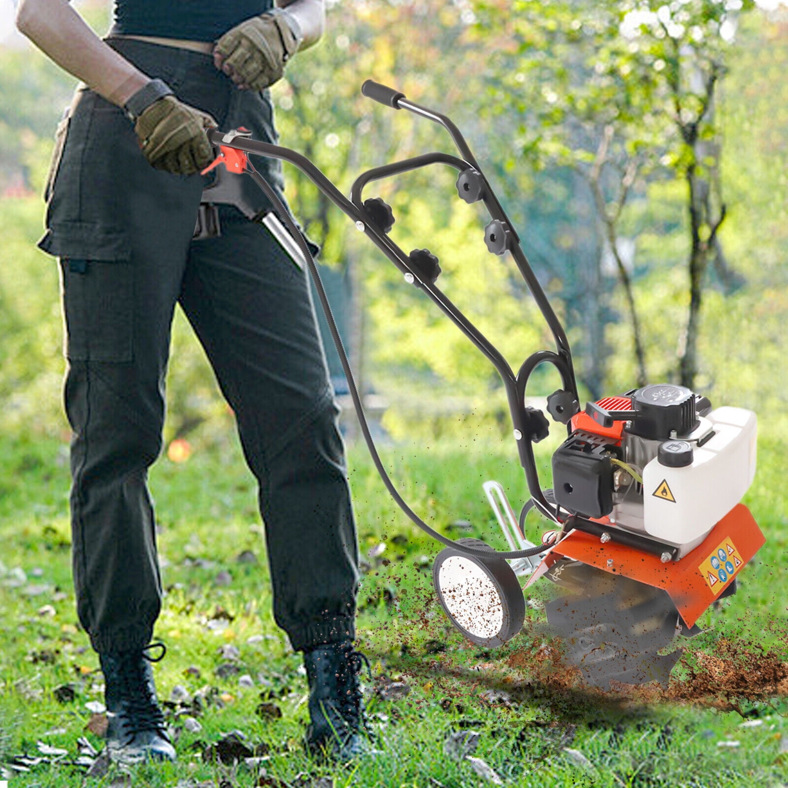 Miumaeov 43CC 2 Stroke Mini Cultivator Gas Powered Tiller Machine with a Baffle Tiller Cultivator for Garden Lawn Farm Orchards 8500rpm/min Wheel Height Adjustable