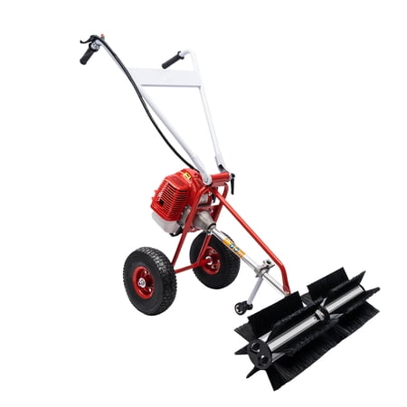 Miumaeov 43CC Gas Powered Sweeper Broom with Wheel 2 Stroke Walk Behind Snow Sweeper Hand Held Brush Broom Sweeping Machine for Garden Lawn Yard Sidewalk Driveway Turf Grass Cleaning