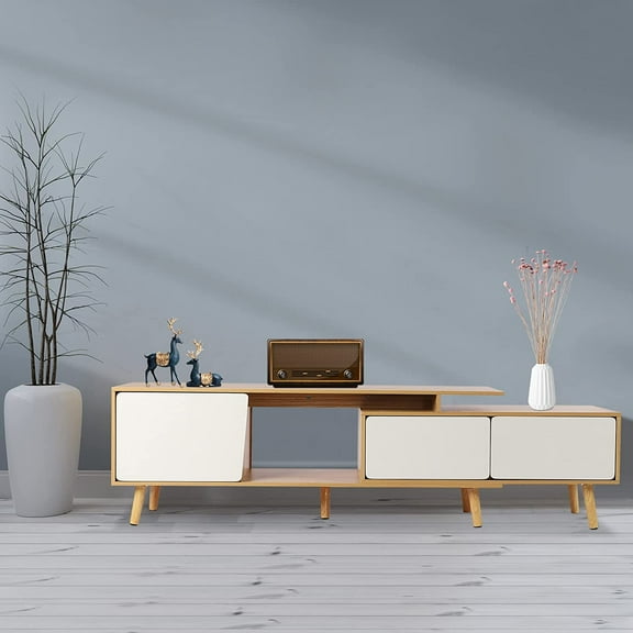 Miumaeov 47.2" TV Stand Natural MDF Modern Farmhouse with Doors Adjustable Shelves Wood