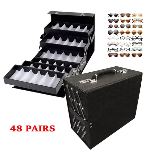 Miumaeov 48 Slots Sunglass Storage Box Suitcase Multi-Function Lockable Eyeglasses Collector Display Case Organizer PU