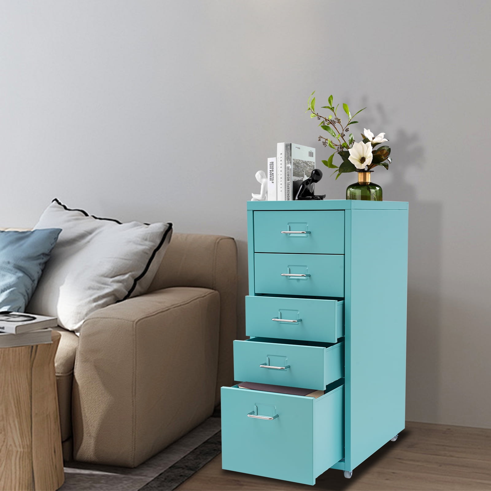 Miumaeov 5-Drawer Metal Storage Cabinet Movable File Cabinet with Wheels for Living Room Office Study  16" D x 11" W x 27" H