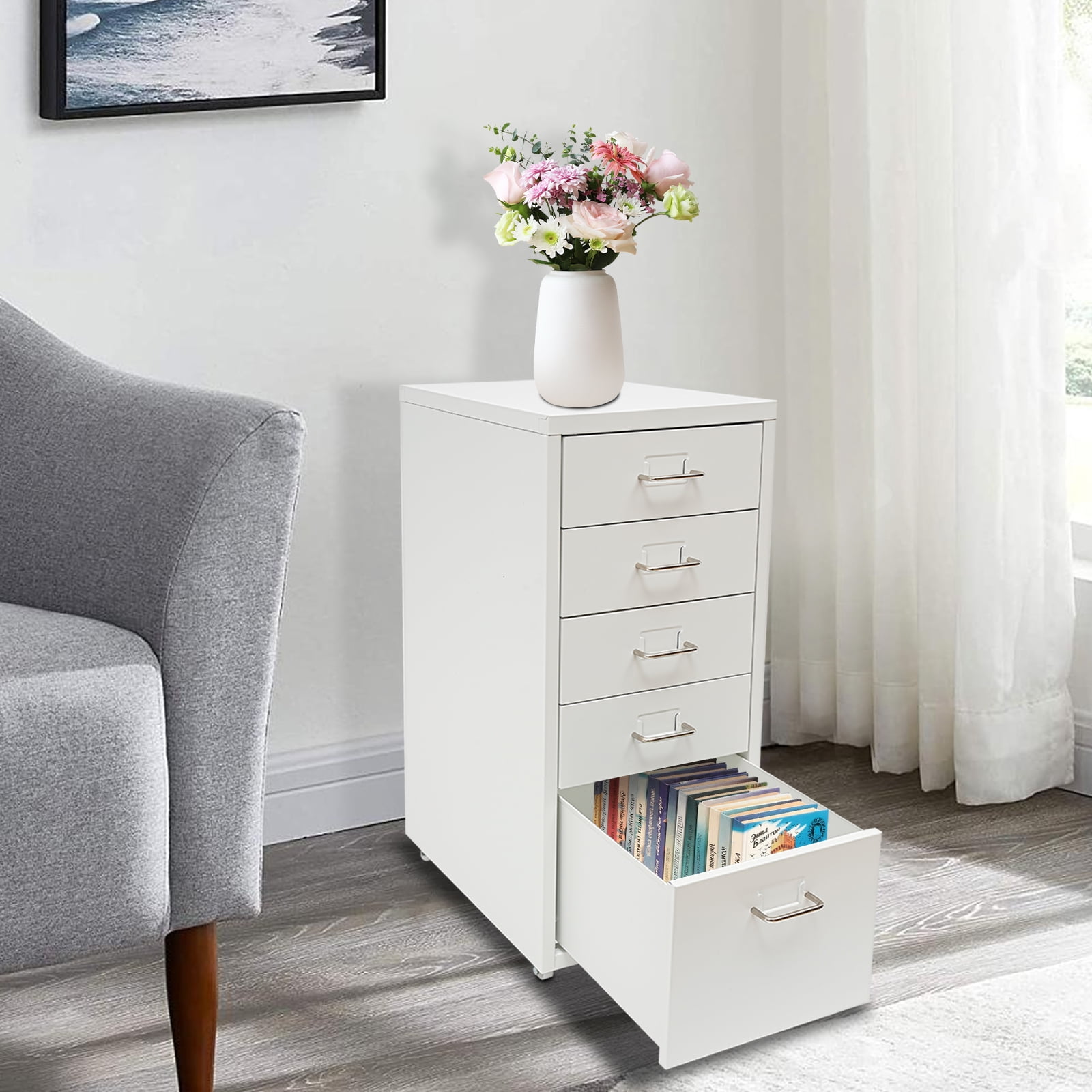 Miumaeov 5 Drawer Metal Storage Cabinet Movable File Cabinet with Wheels for Living Room Office Study 16 D x 11 W x 27 H Walmart