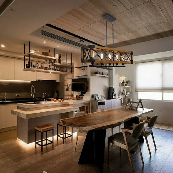 Miumaeov 5-Light Farmhouse Wood Chandelier Kitchen Island Pendant Light Ceiling Lamp Wooden Rectangle Hanging Lighting Fixture