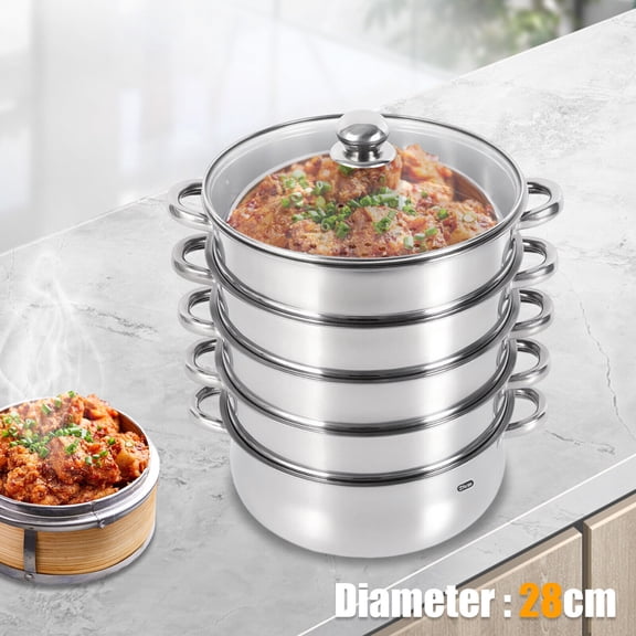 Miumaeov 5 Tier 28cm Stainless Steel Steamer Food Steam Cooker Pot Multifunctional Cookware with Vented Glass Lid