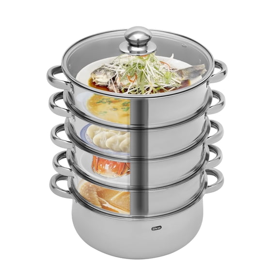 Miumaeov 5 Tier Stainless Steel Steamer, Multifunctional Steam Pot for Cooking with Glass Lid, Stackable Vegetable Dumpling Steamer (11.02"-Silver)