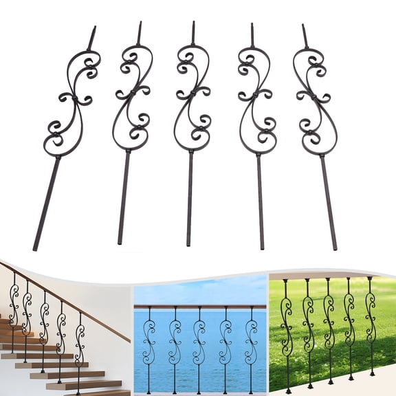 Miumaeov 5-piece Interior Stair Railing Spindles Set Black Iron Balusters for Staircase Hollow S-Scroll Staircase Spindles 44inch