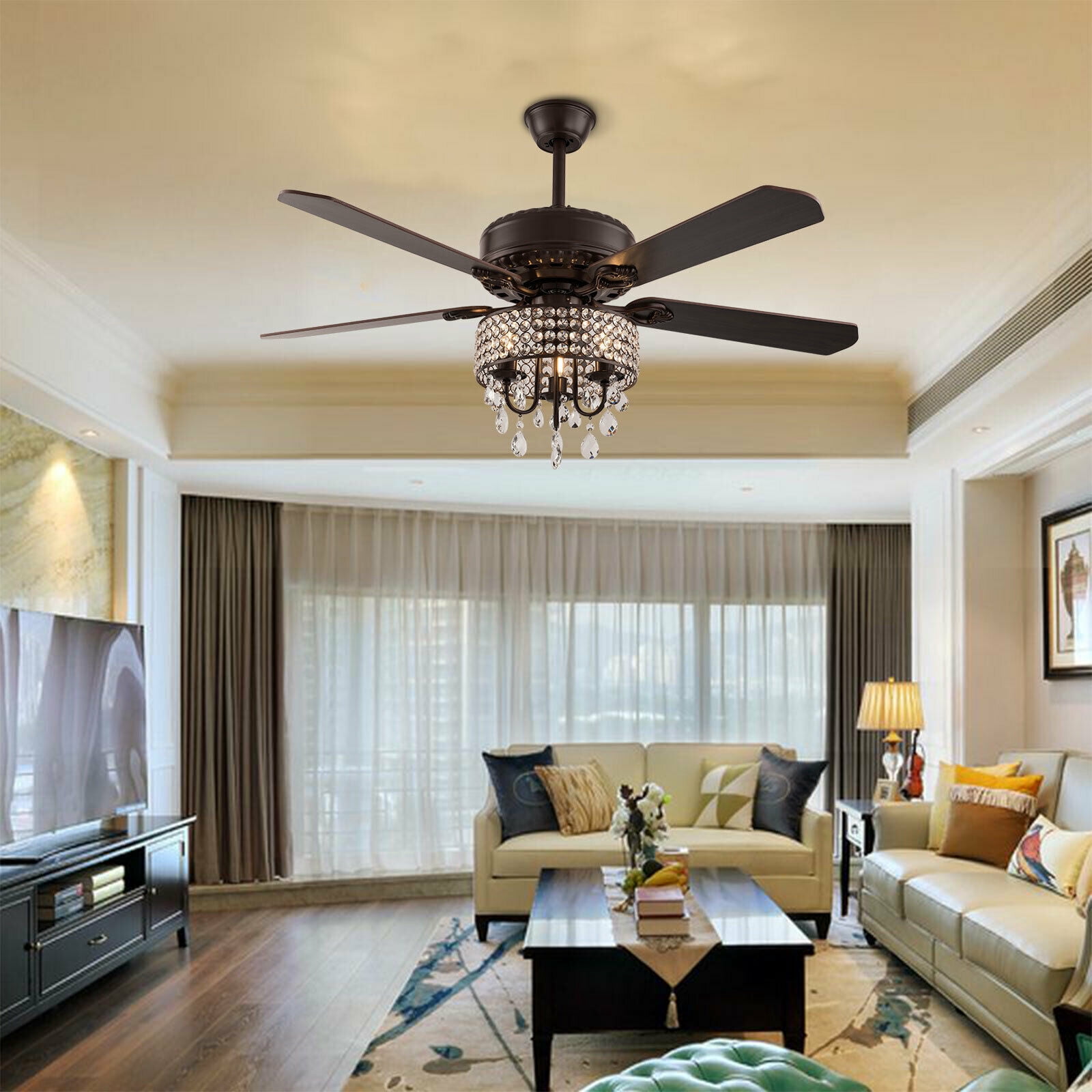 52" Crystal Ceiling Fan With Lights & Remote - Black Farmhouse Chandelier Fan, 5 Wood Blades