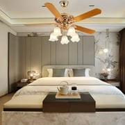 Miumaeov 52 Inch Gold Ceiling Fan with LED Light and Remote Control,Creative Design Chandelier Fan Light with 5 Wood Reversible Blades 5 Frosted Glass Lampshades,Quiet Motor
