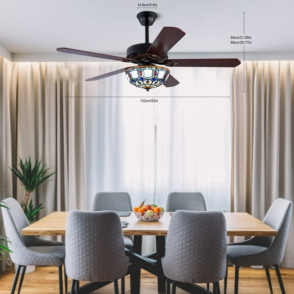 Miumaeov 52 inch Indoor Tiffany Ceiling Fan Light with Remote Control Mediterranean Style Reversible Chandelier Fan 5 Blades 3 Color 3 Speed
