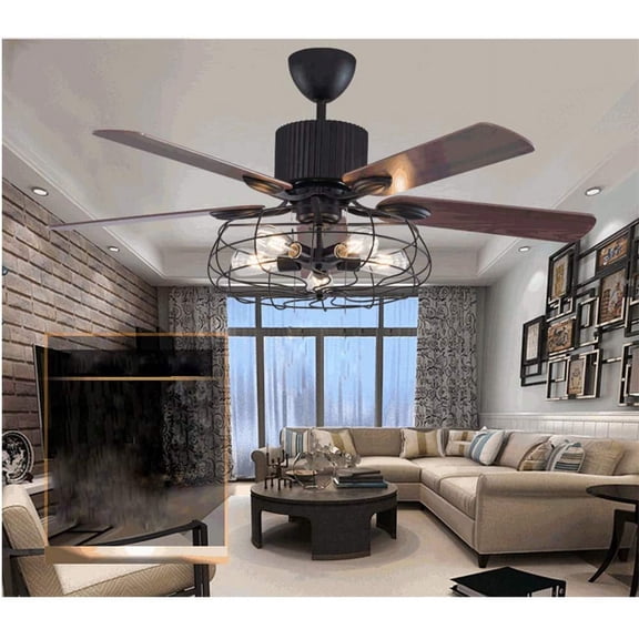 Miumaeov 52inch Industrial Ceiling Fan with Lights and Remote Control 5 Reversible Blades Mute Motor 5-Lights Lighting Fixtures for Bedroom Living Room E27 Black