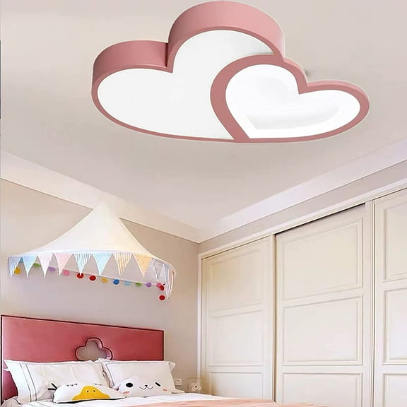 Miumaeov 55cm Double Heart Modern Ceiling Light with Remote Control LED 3 Color Dimming Bedroom Study Ceiling Lamp 110V (Pink)