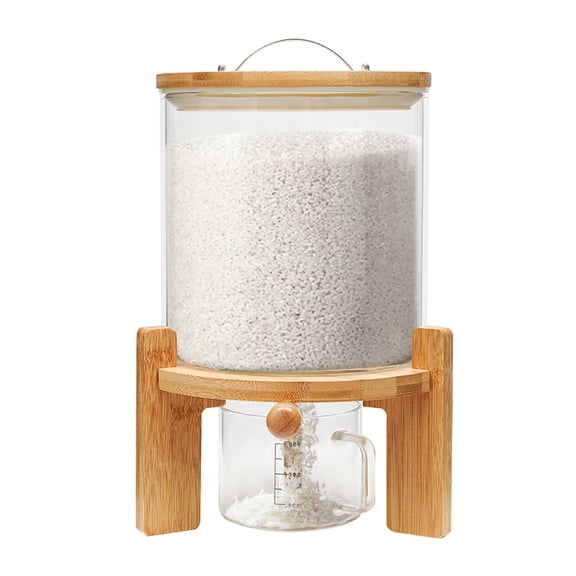 Miumaeov 5L Rice Dispenser Kitchen Dry Food Cereal Beans Storage Container Airtight Glass Rice Bin with Bamboo Stand