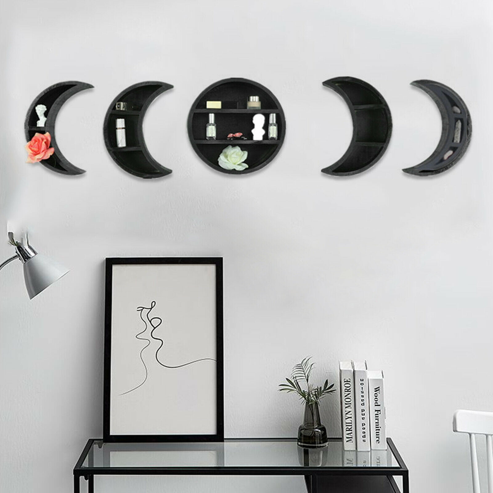 Miumaeov 5PCS Wall Mounted Moon Phase Rustic Wooden Shelf Set Home ...