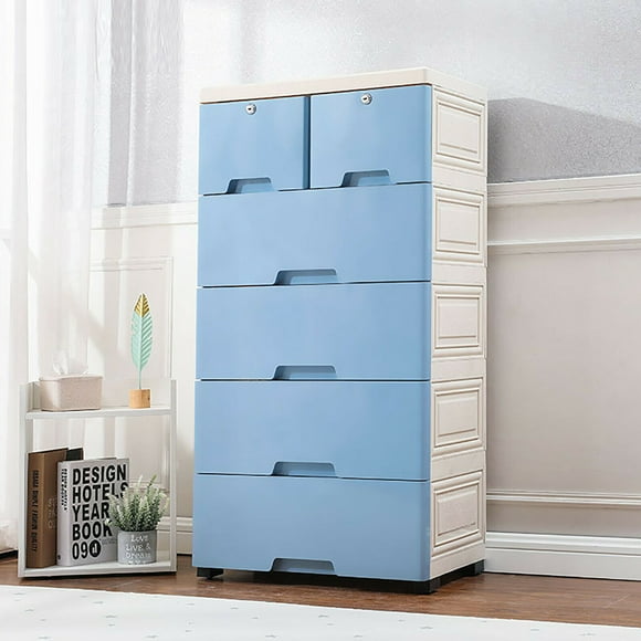 Miumaeov 6 Drawer Dresser Plastic Wide Chest of Drawers Storage Dresser Cabinet with Wheels Large Craft Storage Organizer for Living Room Bedroom Hallway Nursery Kid Blue