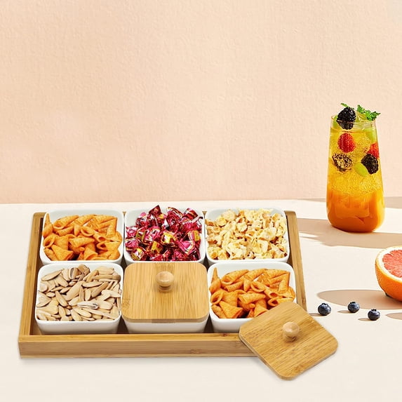 Miumaeov 6 Pcs Ceramic Snack Serving Tray Square Removable Compartment Tray Serving Moisture-Proof Bowls with Bamboo Lids and Pallets for Home Kitchen Snacks Condiments Appetizers