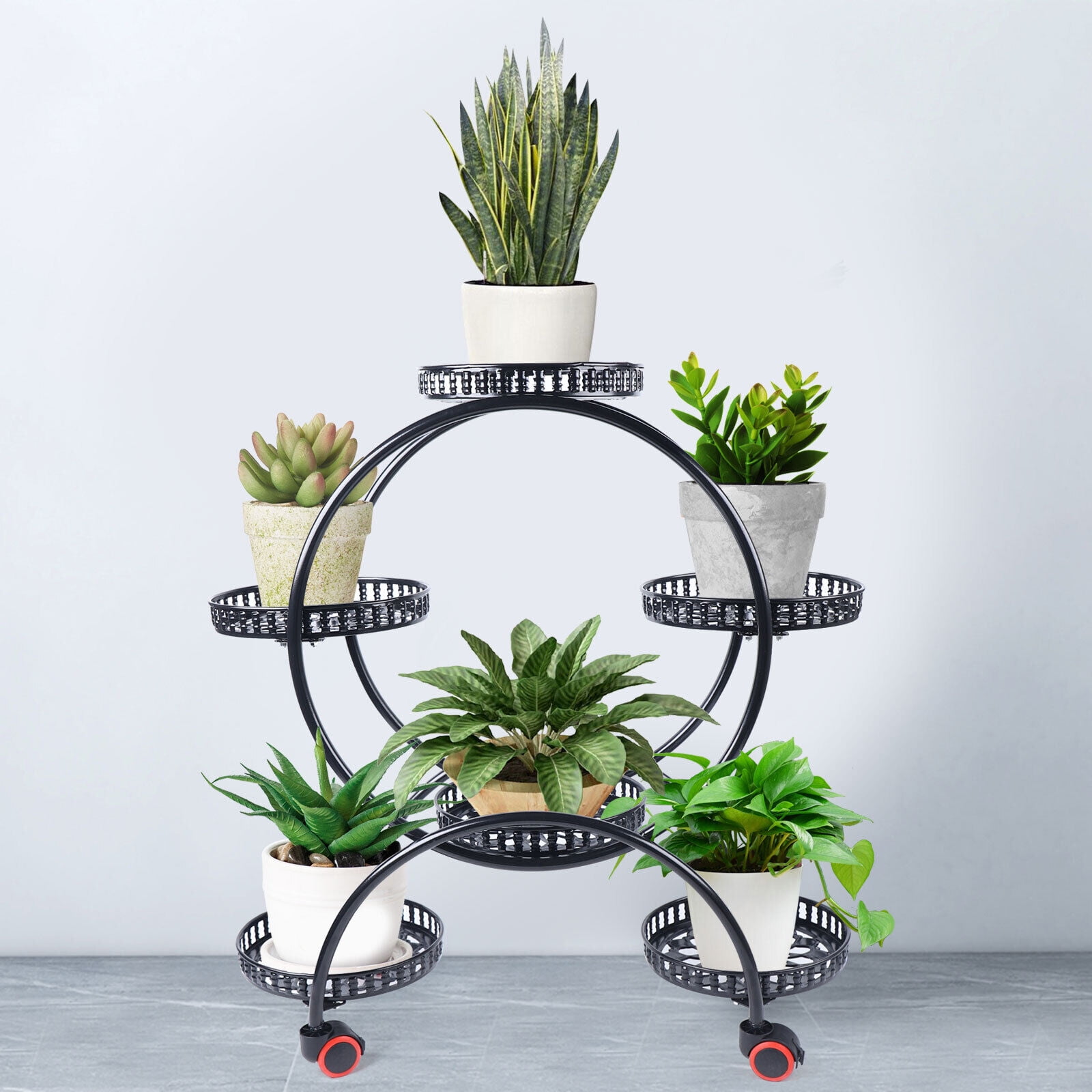 6-Tier Black Iron Plant Stand with Wheels