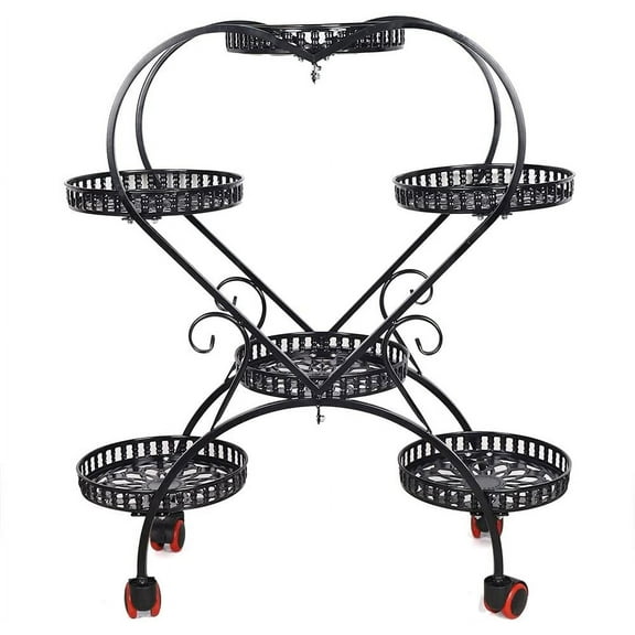 Miumaeov 6 Pots Modern Metal Plant Stand Heart Shape Flower Holder Shelf Movable with Wheel Flower Pot Stand for Patio Garden Living Room Corner Balcony Bedroom (Black)