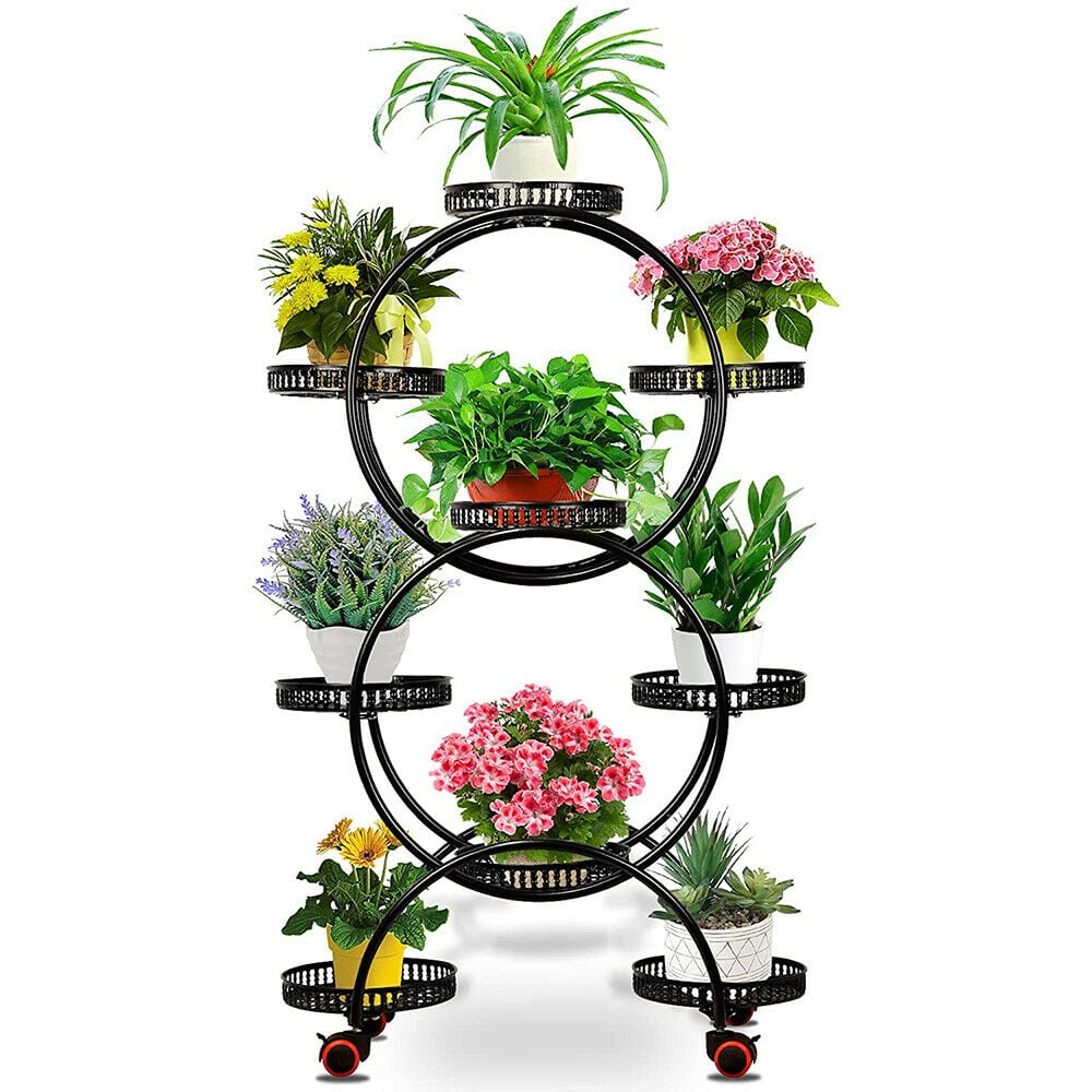 Black Metal 6-Tier Plant Stand with Wheels for Indoor and Outdoor Use