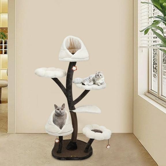 Miumaeov 6-Tier Kitten Climbing Tower H64" Super Soft Large Cat Tree Free Standing Cats Play House