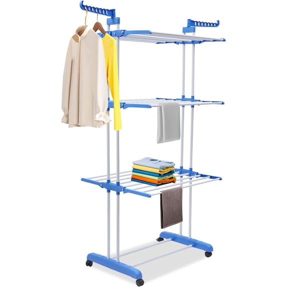 Miumaeov 67.72" Folding Dryer Hanger with Casters, 3-Layer Portable Stand Towel Rack Clothes Drying Rack for Outdoor or Indoor (Blue)