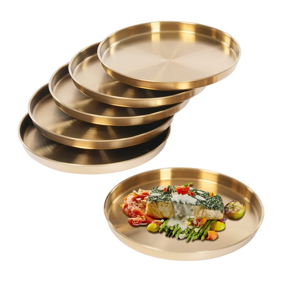 Miumaeov 6Pcs Round Serving Trays,12in Large Round Tray Gold Decorative Plate,1in Deep Dish Circle Display Dish, Stainless Steel Metal Table Tray
