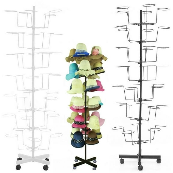 Miumaeov 7 Tier Adjustable Hat Display Retail Hat Rack Rotating Spinner Metal Floor Stand White