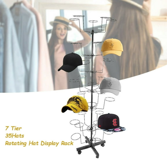 Miumaeov 7 Tier Rotating Hat Rack Stand w/ 35 Hook Modern Metal Freestanding Retail Stand