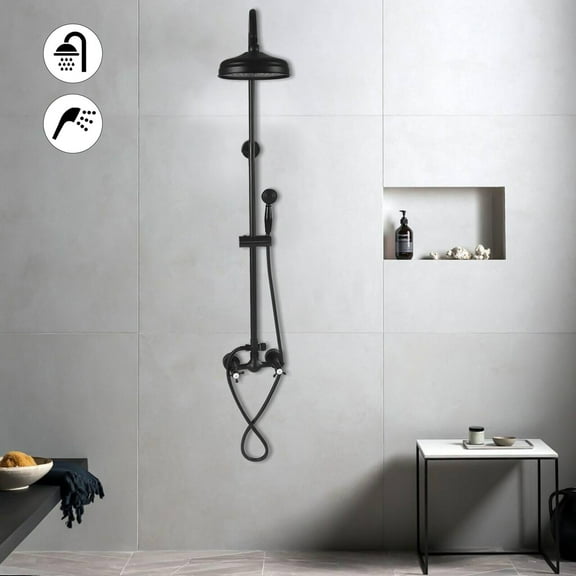 Miumaeov 8 Inch Wall Mount Exposed Shower Faucet Set Rain Shower with Handheld Spray Double Knobs Handle Matte Black