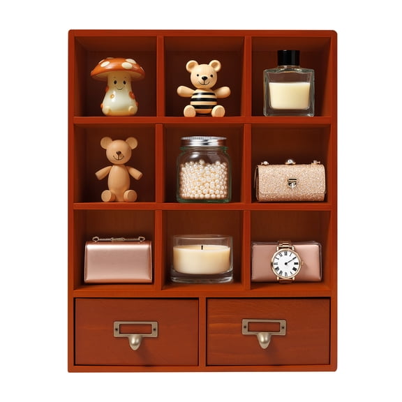 Miumaeov 9-Cube Wooden Display Shelf with 2 Drawers, Floating Shelf Cabinet Storage Desktop Organization, Vintage Shelves Office Organizer Cabinet