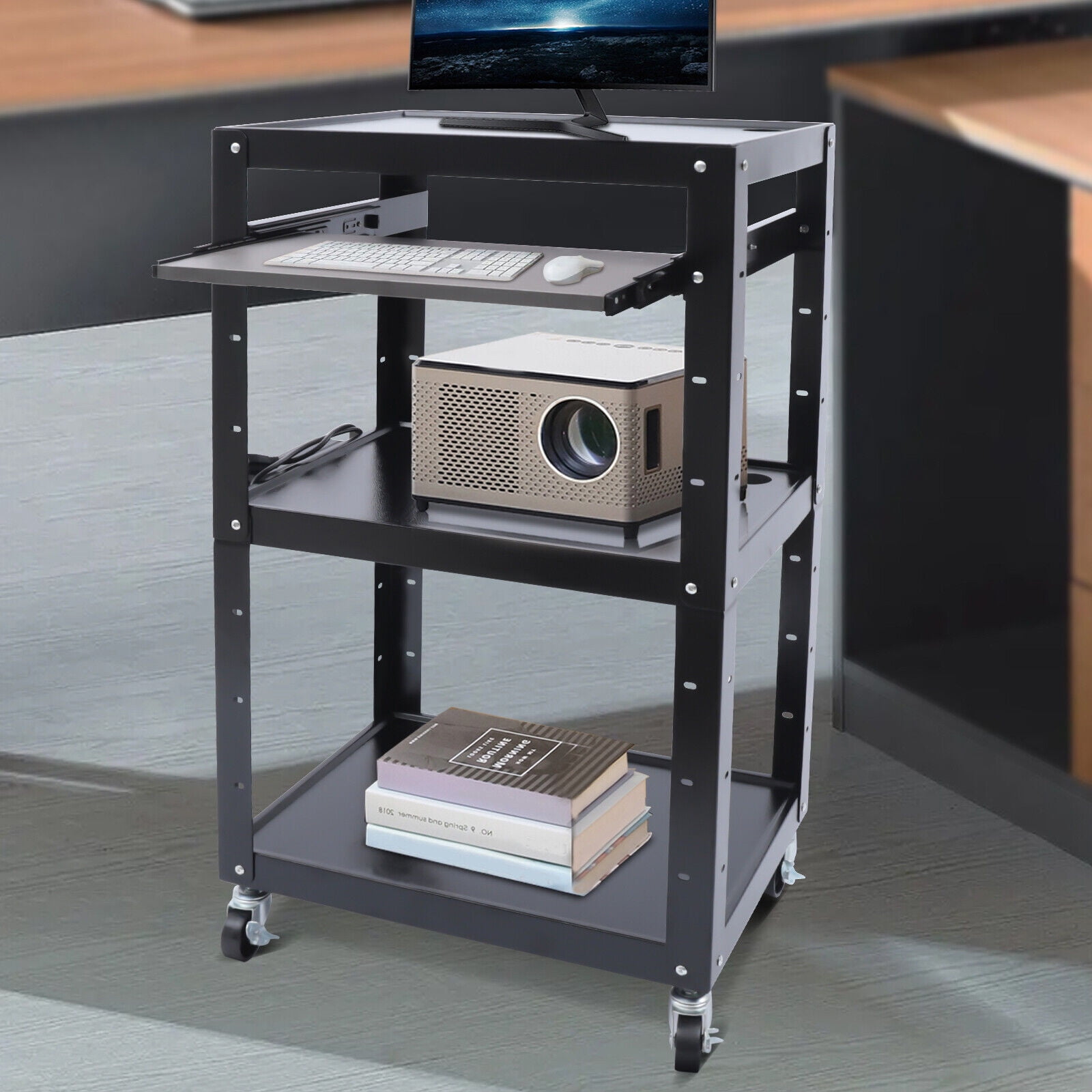 Miumaeov AV Cart on Wheels 4 Layers Rolling Standing Desk Stand Up Desk 66lbs Capacity Adjustable Height Top Shelf Pullout Keyboard Tray 3-Outlet Power Socket & 2 USB Plug-ins 24x18x42in Black