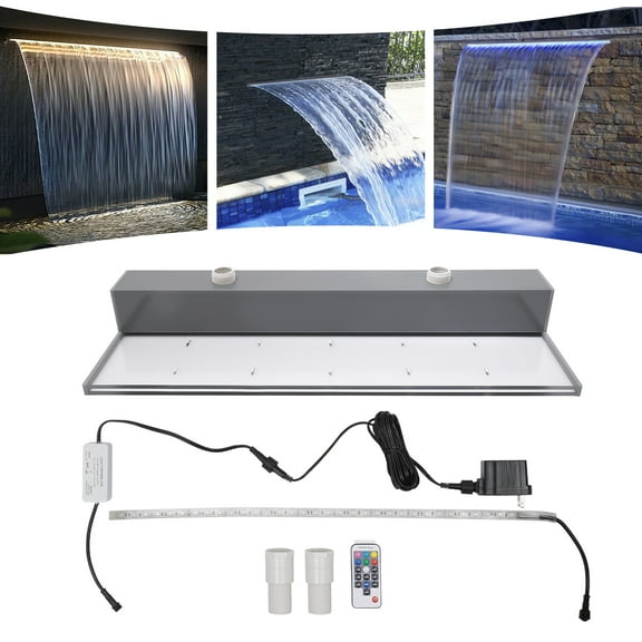 Miumaeov Acrylic Waterfall Pool Fountain with SMD LED 7 Color Changing and Remote, Lighted Waterfall Spillway for Garden Outdoor Decorations, Swimming Pool (24")
