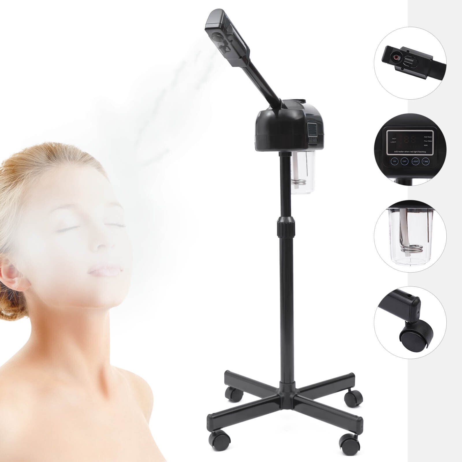 Miumaeov Adjustable Height Professional Facial Steamer with Hot Mist Function 360 Rotating Nozzle and LCD Rolling Facial Steamer for Beauty Salon Home Black