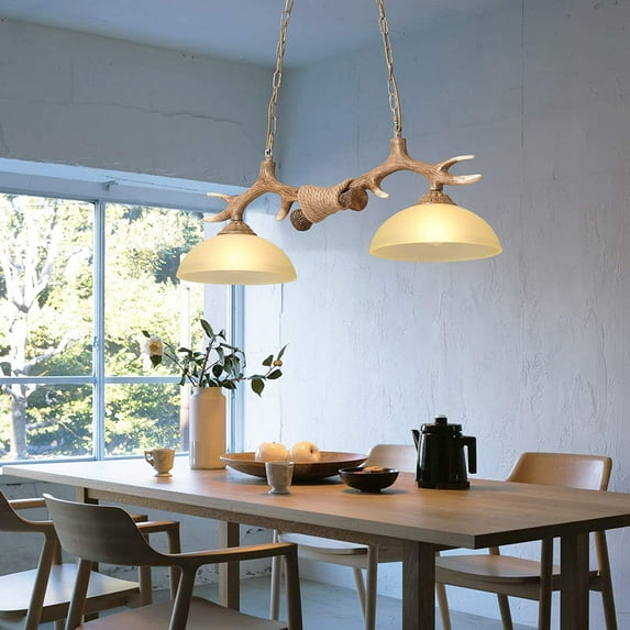 Miumaeov Antler Chandelier, 2-Light Antique Resin Kitchen Island Pendant Light Ceiling Hanging Lighting Fixture Glass Lampshade for Kitchen Bedroom Bar Living Room