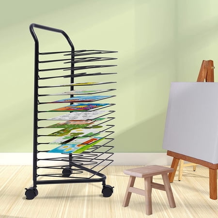 Art Drying Rack 16 Shelves Metal Art Rack Mobile Watercolor Paint Posters Display Storage Shelves w/Wheel Stackable Metal Art Rack for Classrooms School Art Studios