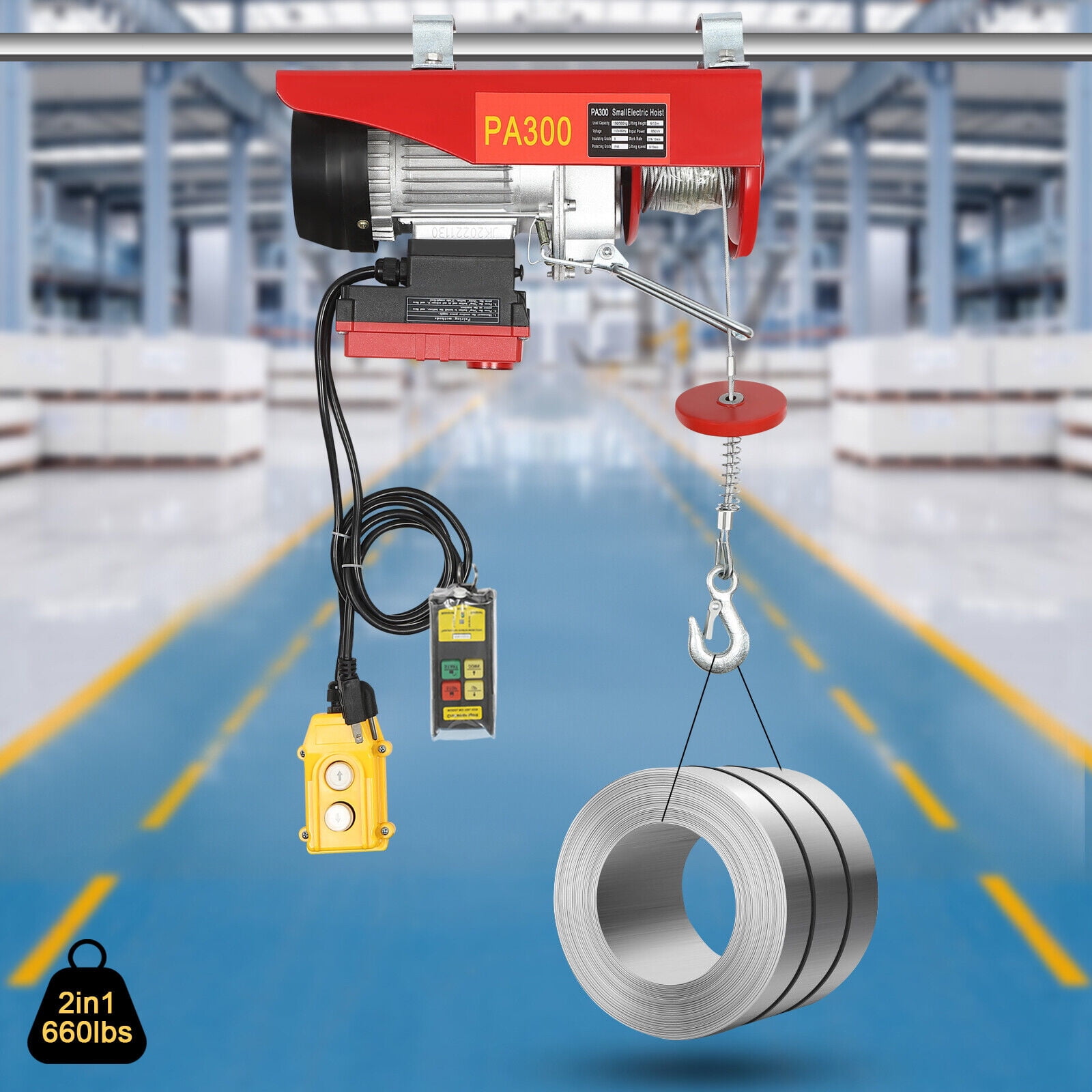 Electric Hoist Winch Automatic Steel Lift Cable With Wireless Remote Control Overhead Crane Ladder 2 Slings Wire Rope Length 12M Pulley System For