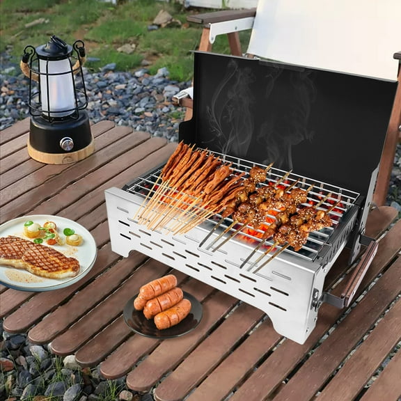 Miumaeov BBQ Grill Charcoal Barbecue Grill Stainless Steel Folding Camping Yard Portable